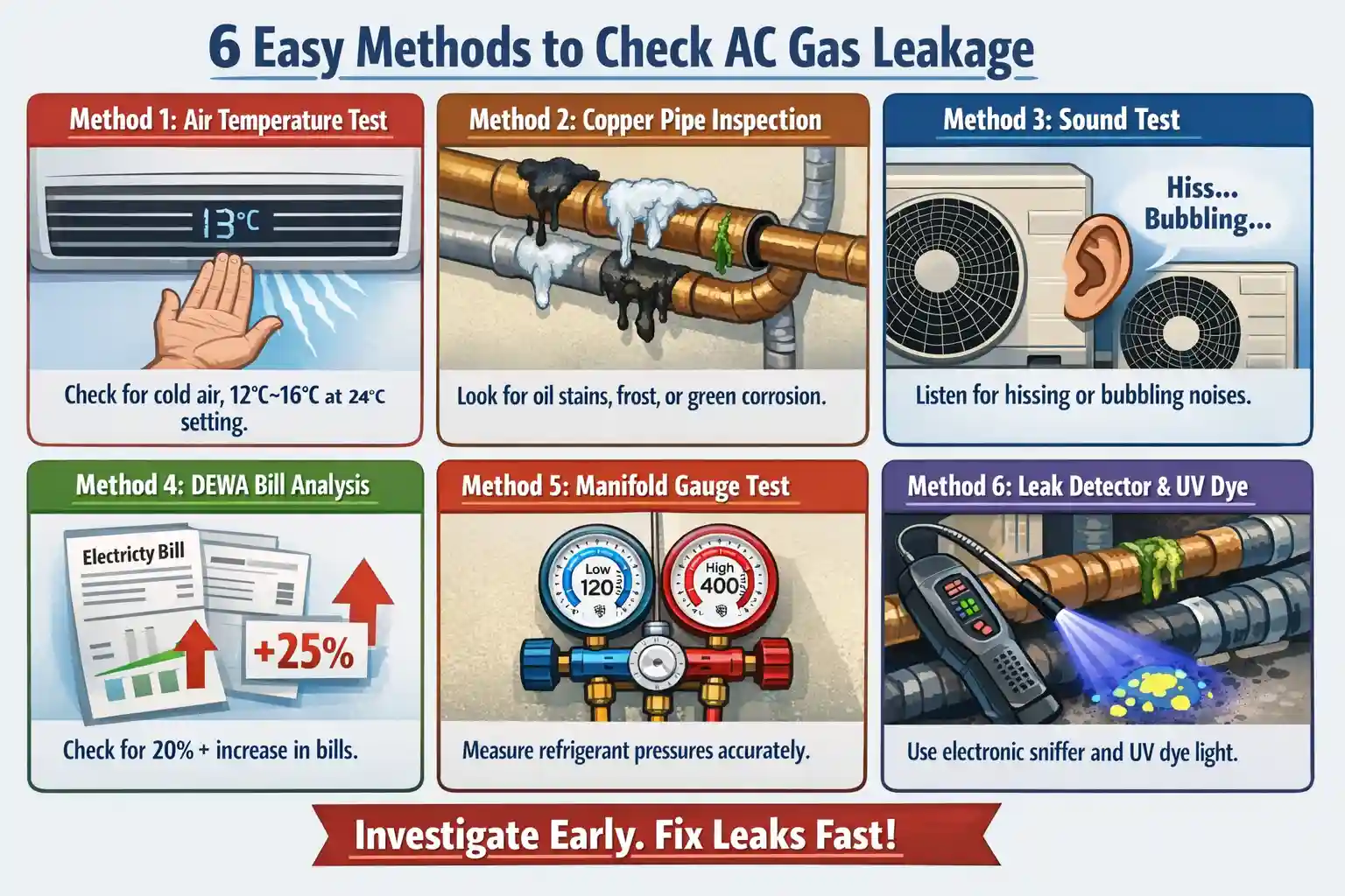 6 easy methods to check ac gas leakage